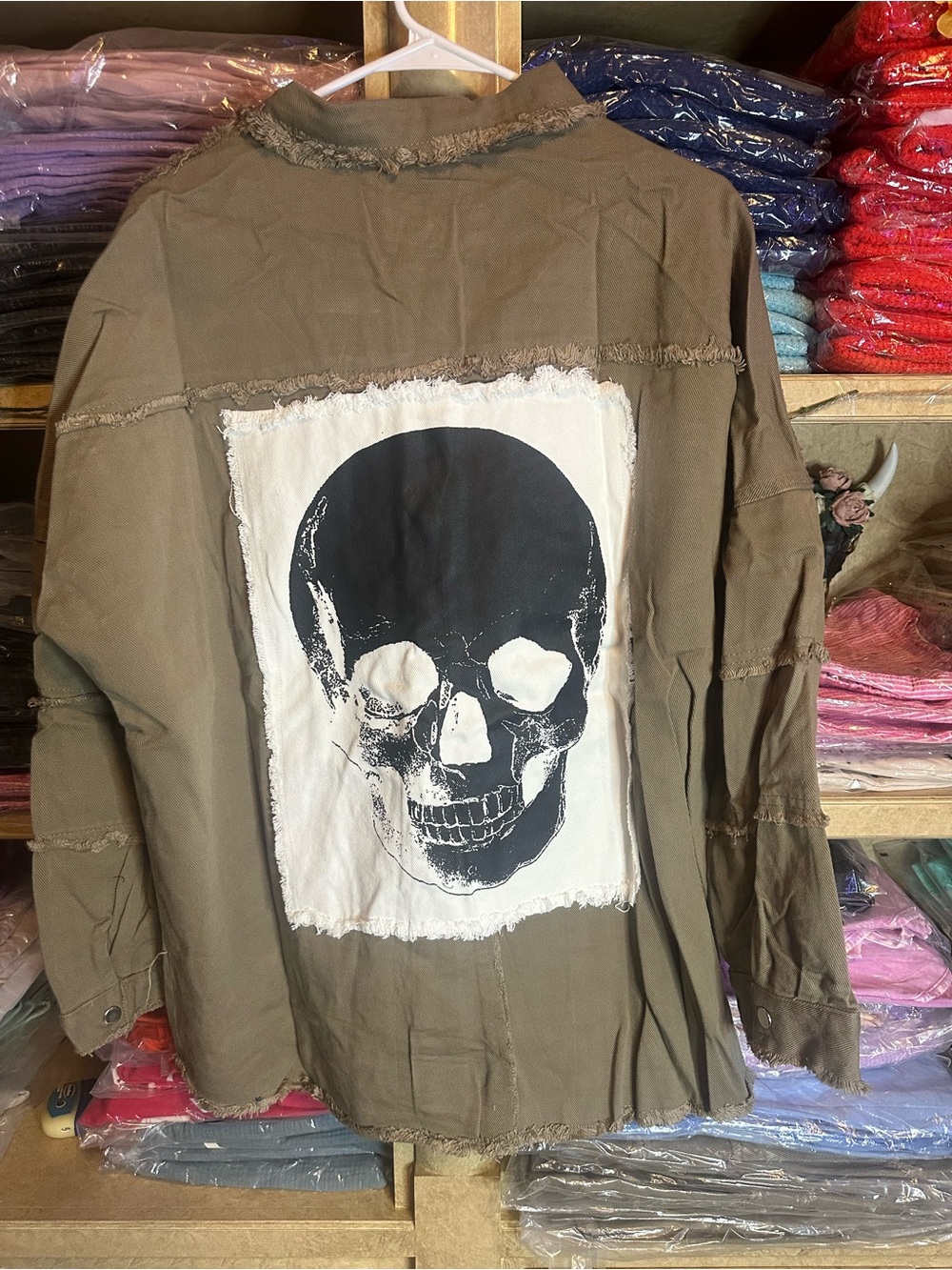 Skull Patch Oversized Olive Button-Up Jacket